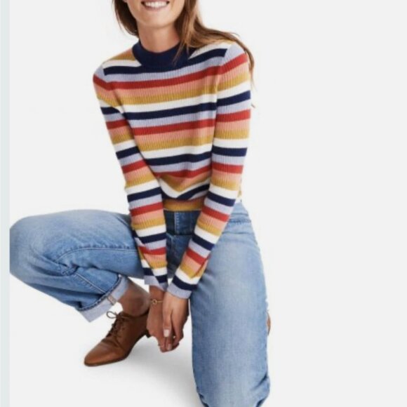 Madewell Merino Wool Blend Striped Ribbed Mock Turtleneck Sweater Small Long - Picture 5 of 5